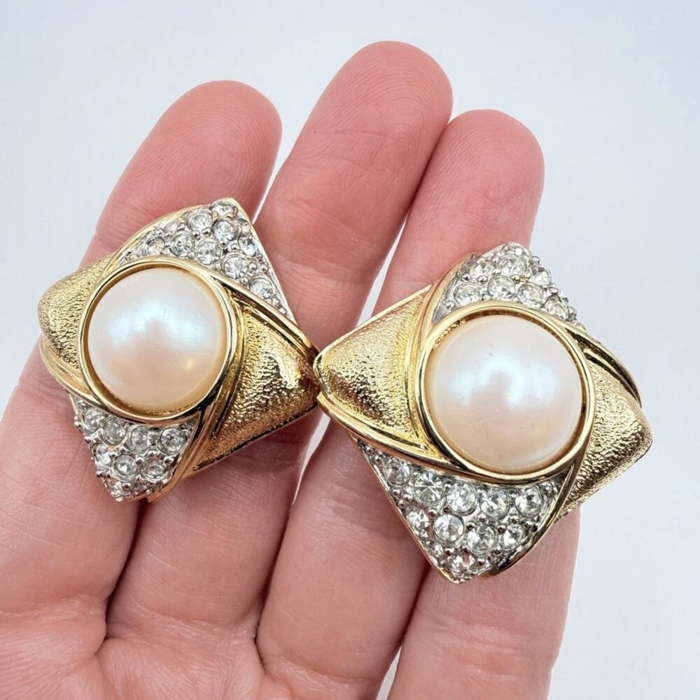 Vintage St John Large Square Crystal Pave Faux Pearl Cabochon Earrings Clip On